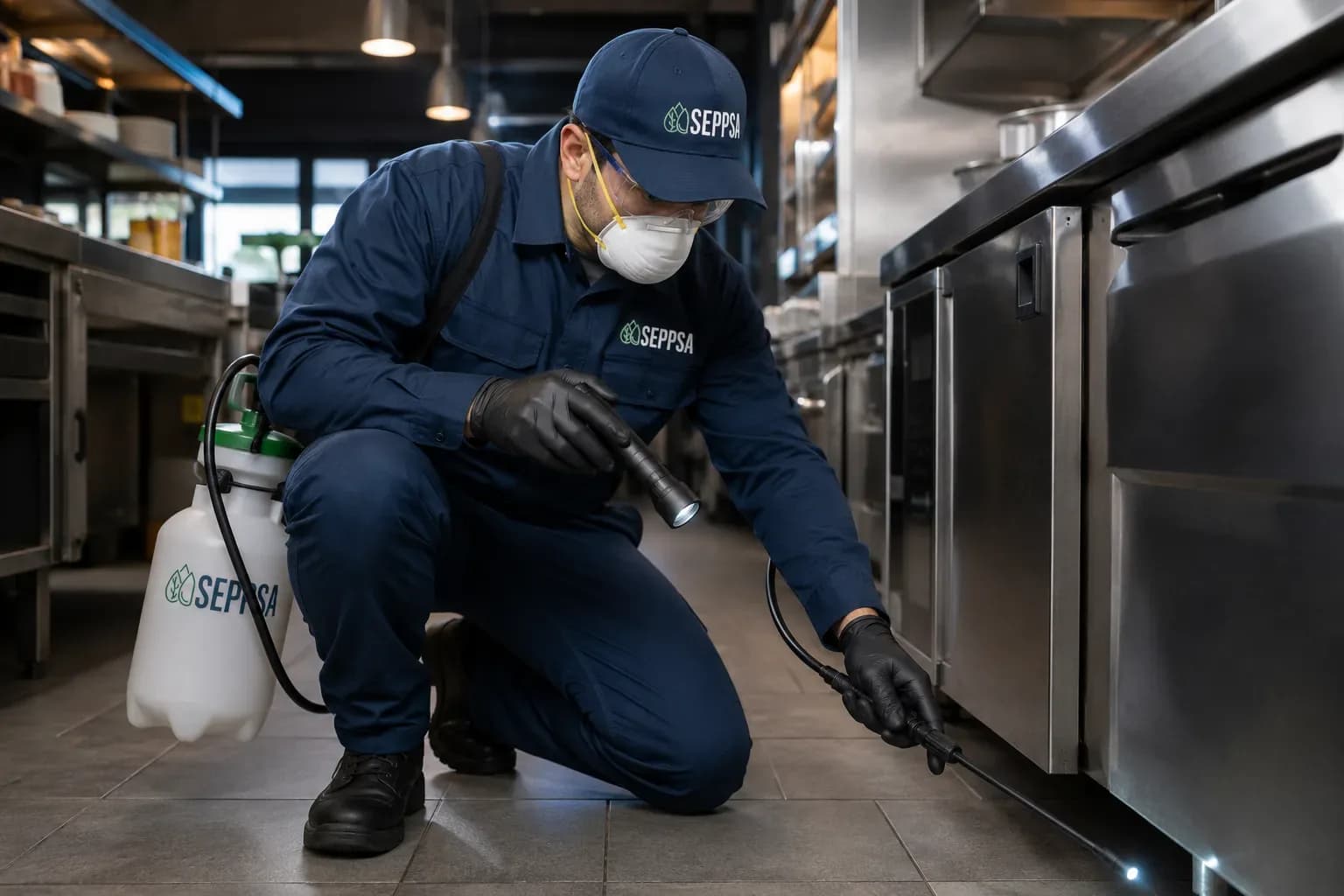 Operario de SEPPSA realizando control de plagas en cocina industrial